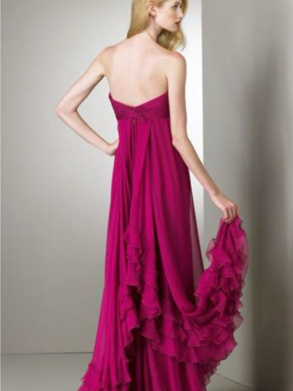 Valentino Strapless Ruffle-Trim Chiffon Gown in Magenta